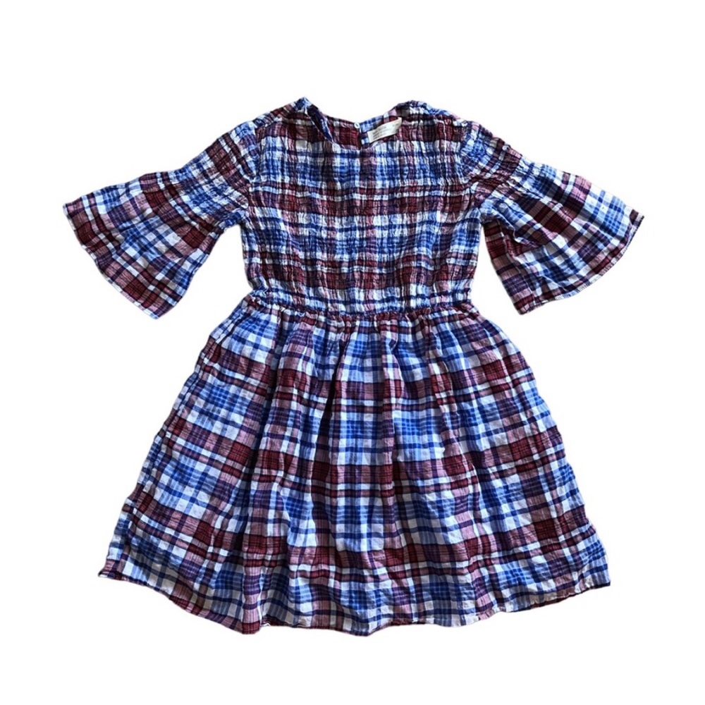 Zara Blue and red Plaid Smocked Waist Kids Dress